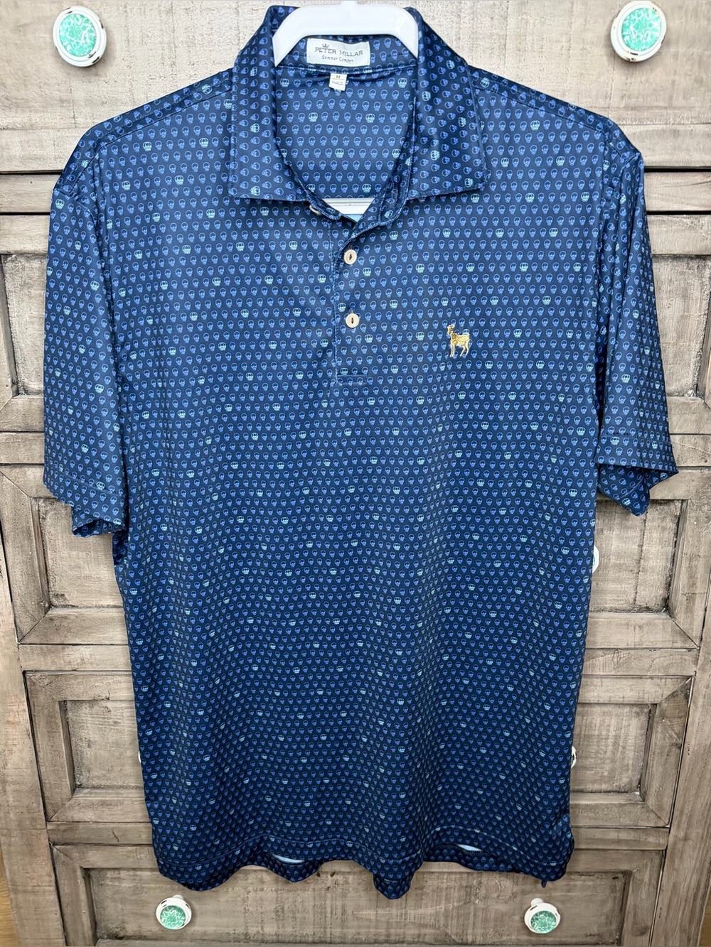 Peter Millar TPC Sawgrass Golden Goat Member Logo Blue Skull Stretch Polo M
